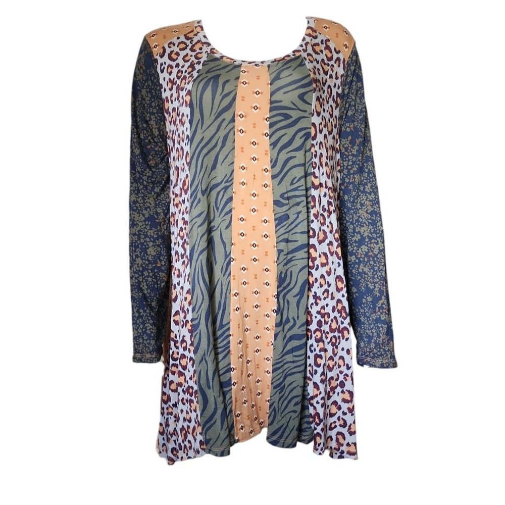 Logo Lori Goldstein Top Womens Size L Large Brown Green Animal Print Long Sleeve